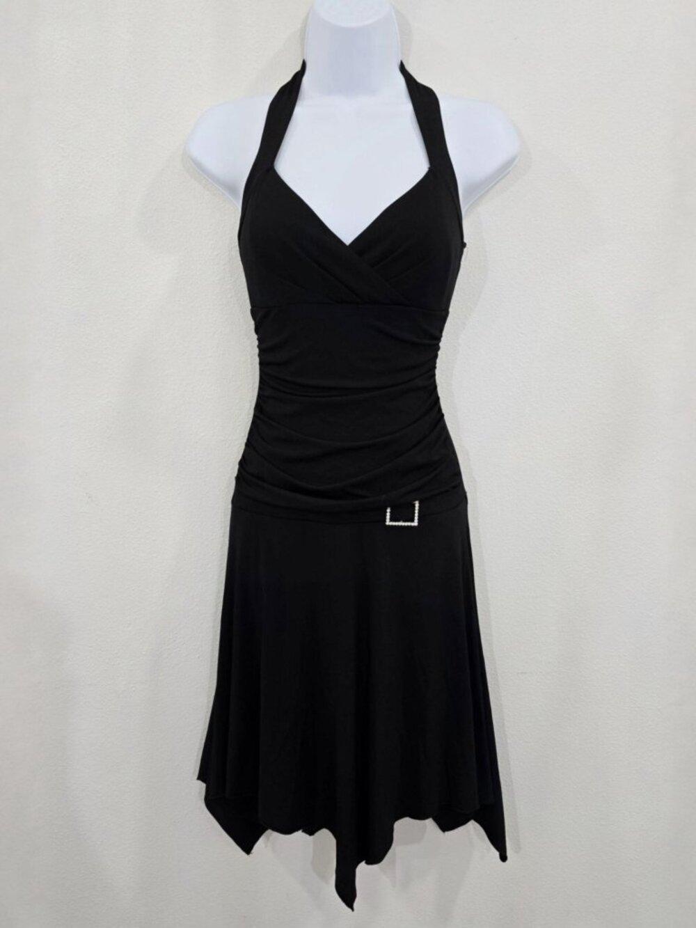 City Triangles ✦ Black Halter Handkerchief Dress ✦ Ruched Bodice Rhinestone M - Picture 2 of 14